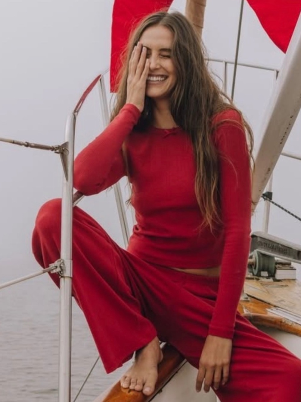 Daily Drills Women's 'Pointelle Long Sleeve Tee' T-shirt Top in 'Vintage Red'